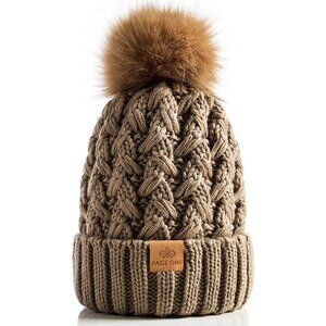 Women’s Khaki Winter Ribbed Beanie Hat Chunky Cable Knit Pompom Warm